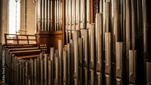 A large pipe organ in a church with rows of pews and a stained glass window