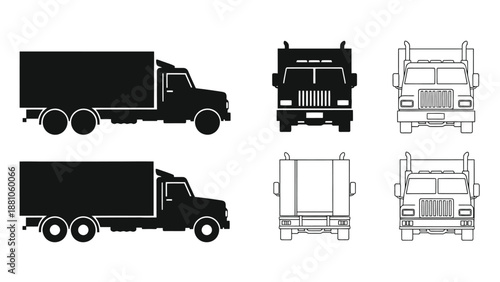 Illustrative depictions of semi trucks in various views and orientations