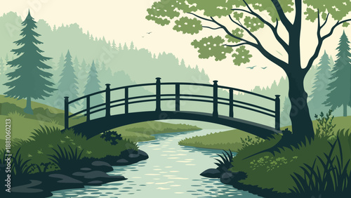 Serene forest landscape with bridge over stream and lush greenery