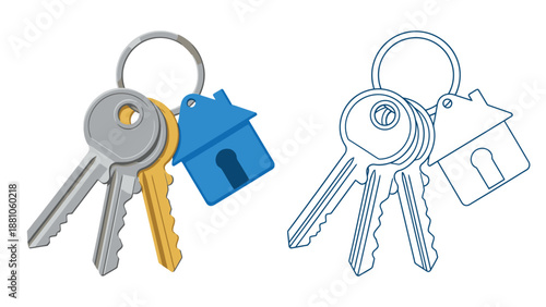 A colorful and outlined set of keys including a house shaped key