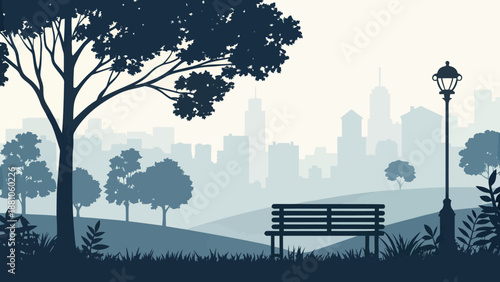 Serene city park with bench and streetlamp at dusk