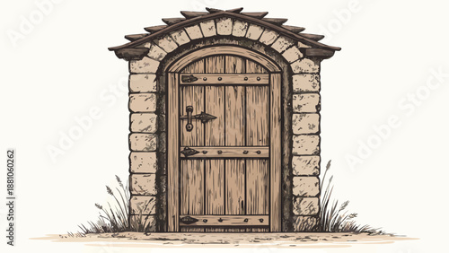 Rustic wooden door in stone archway with metal accents and handle