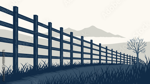 Serene rural landscape with wooden fence and majestic mountains