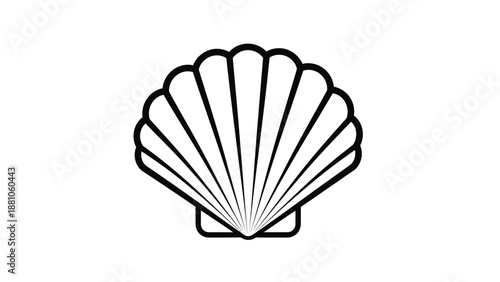 a black line drawing of a scallop shell on a white background