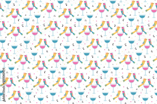 The pattern is seamless. Abstract bright fantasy birds and a wine glass. Singing birds, musical notes. Color illustration with alcoholic drinks and a couple of cute animals.