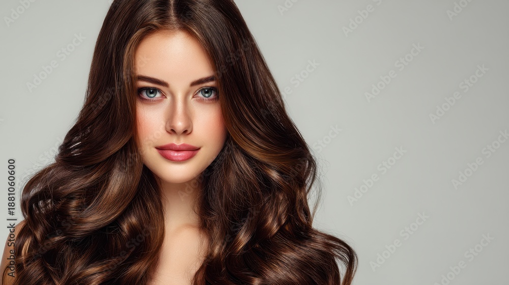 Naklejka premium Young caucasian female with long brown hair and vibrant eyes.