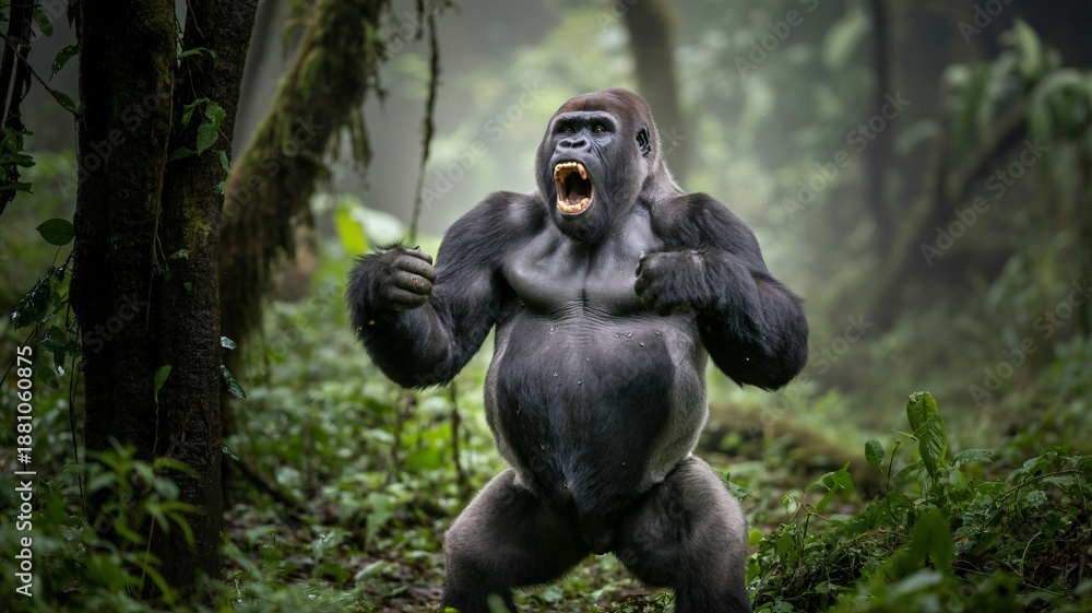 Fototapeta premium Aggressive Gorilla in Fierce Stance with Dramatic Lighting in Lush Rainforest for Wildlife Conservation