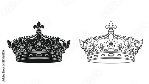 Two ornate royal crowns in black and white detailed with floral designs