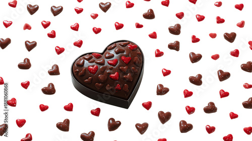 Heart shaped chocolate box surrounded by miniature red chocolate candies on transparent backdrop representing valentine's day treat or love declaration symbol
