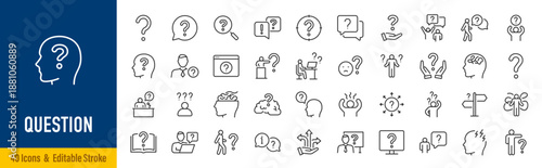 Question web icons in line style. Question mark, insecure person, confused, quiz question, collection. Editable stroke. Vector illustration.