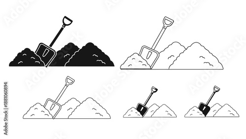 Shovels and piles of earth a collection of simple black and white illustrations