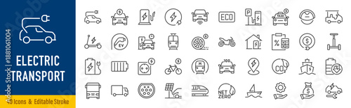 Electric vehicle or transport web icons in line style editable stroke. Electric car, battery, charging station, solar panel, range, plug, collection. Editable stroke. Vector illustration.