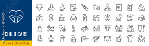 Child care web icons in line style editable stroke. Nurse, healthy eating, sleep, hygiene, crib, toys, infant, collection. Editable stroke. Vector illustration.
