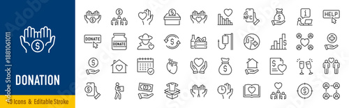 Donation web icons in line style. Charity, now, money, nonprofit, donor, volunteer, community, collection. Editable stroke. Vector illustration.