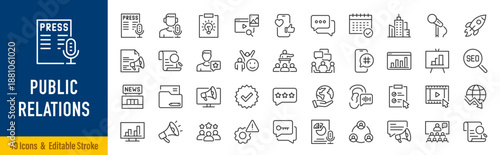 Public Relations web icons in line style. Social media, interview, reputation, press, feedback, planning, news, collection. Editable stroke. Vector illustration.