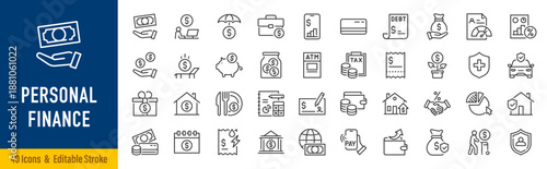 Personal Finance web icons in line style. Salary, budget, pay online, bank, credit card, wallet, tax, management, collection. Editable stroke. Vector illustration.