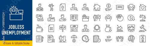 Jobless or Unemployment web icons in line style. Retirement, firing, laid off, rejected, stress, bankruptcy, inflation, collection. Editable stroke. Vector illustration.