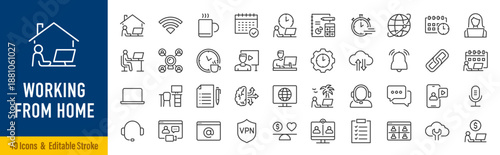 Working from home web icons in line style. Freelance, office, portfolio, hybrid work, online, time, coffee, productivity, collection. Editable stroke. Vector illustration.