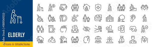 Elderly web icons in line style editable stroke. Care, pension, senior, grandparents, wheelchair, doctor, alzheimer, caregiver, retirement, collection. Editable stroke. Vector illustration.