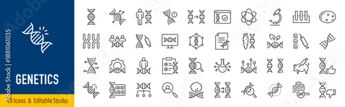 Genetics web icons in line style editable stroke. Chromosome, DNA, experiments, genome, genetic, biology, collection. Editable stroke. Vector illustration.