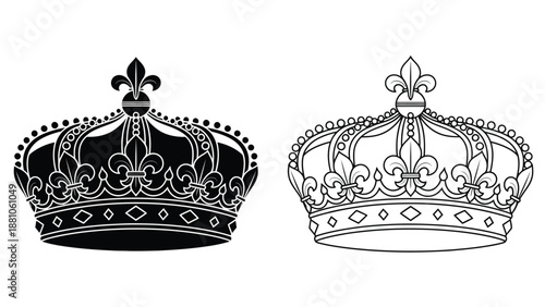 Elegant black and white illustration of two ornate royal crowns