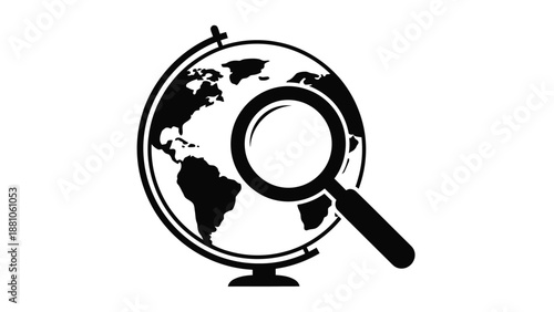 Globe with magnifying glass exploring the world and seeking knowledge