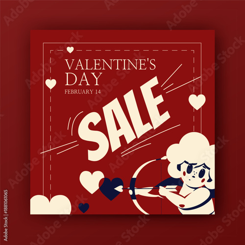 Vintage Valentines day vector square banner template. Holiday sale poster. Cute cupid sign shoots an arrow in the heart. Big headline in centre frame. Graphic style design. Simple festive promo layout