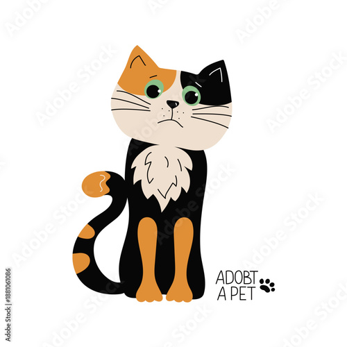 Sad cartoon cat. Banner, text, handwritten lettering, paw print. Adopt a pet from a shelter. Concept for adopting a homeless animal. Hand drawn. Vector illustration on an isolated white background.