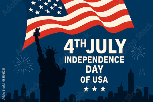 A vibrant illustration showcases the statue of liberty american flag fireworks and new york city skyline for independence day celebrations