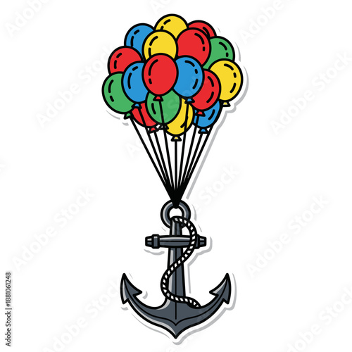 Vibrant balloons lifting a sturdy anchor in a whimsical scene