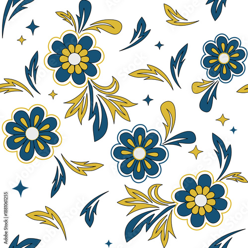 Seamless pattern with stylized ethnic flowers and decorative leaves in blue and yellow colors on a white background.