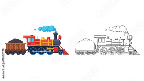Colorful and outlined vintage steam train illustration with coal car details