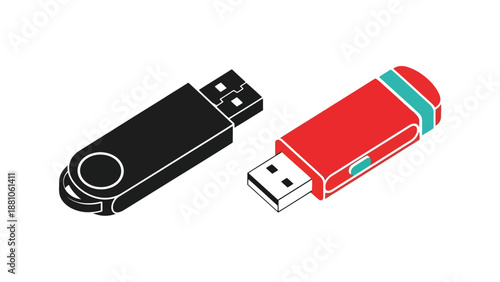 Two usb flash drives one black and one red isolated on white background