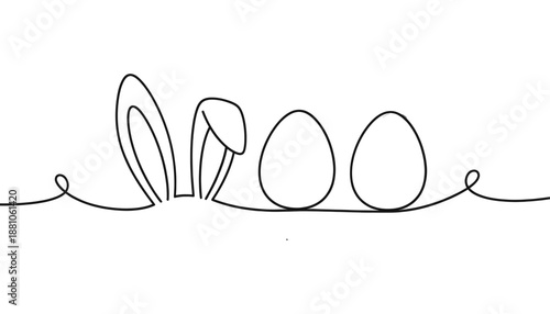 Easter eggs and bunny ears in a whimsical line drawing with flowing curves on a white background with black lines