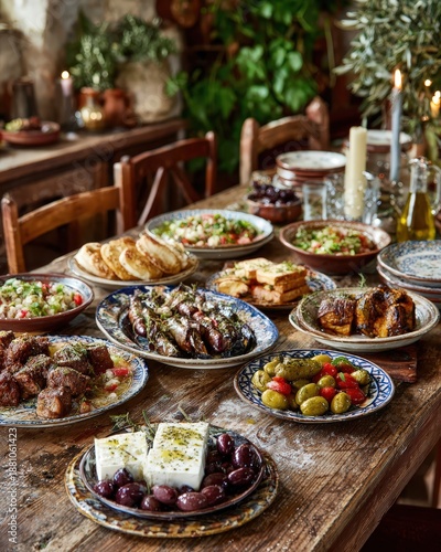 Traditional greek cuisine served on a rustic wooden table