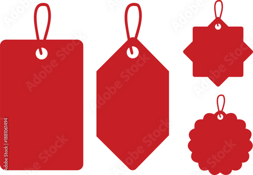 Four Red Price Tags with Different Shapes and String Attachments on White Background rectangular pentagonal