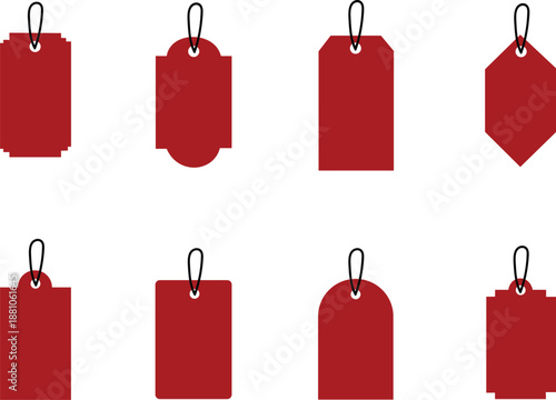 Seven Red Price Tags with Black Strings on White Background