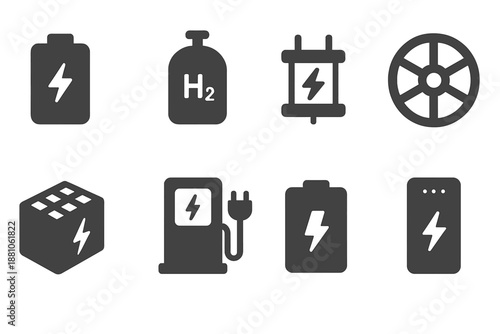 Energy sources silhouette icon set. featuring battery, hydrogen, electric pole, wind, coal, fuel pump, power bank