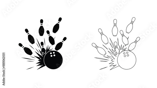 Bowling ball striking pins a black and white illustration of the sport