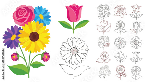 Colorful floral arrangement featuring roses sunflowers tulips and daisy outlines