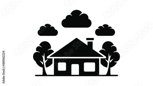 a house with trees and clouds in the background