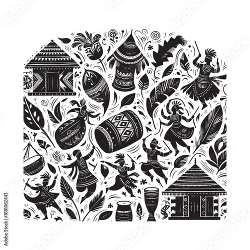 rural huts and rhythmic steps doodle set