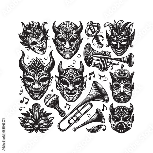 doodle icon set devil masks brass instruments and embroidered costumes
