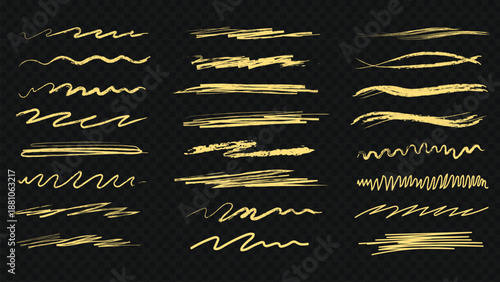 Golden hand-drawn scribble lines and brush strokes set, abstract decorative elements
