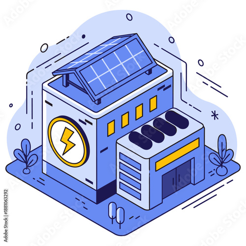 Modern solar-powered facility with energy efficiency focus. No editable stroke