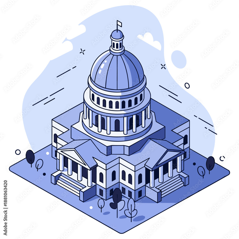 Naklejka premium Illustration of classical capitol building with dome and columns. No editable stroke