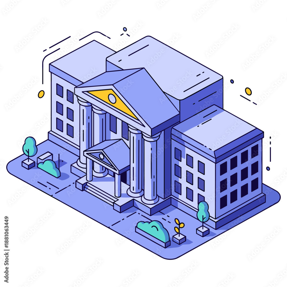 Obraz premium Isometric illustration of a neoclassical bank building with adjacent offices. No editable stroke