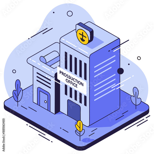 Modern isometric illustration of a prosecution office building with iconic architecture. No editable stroke