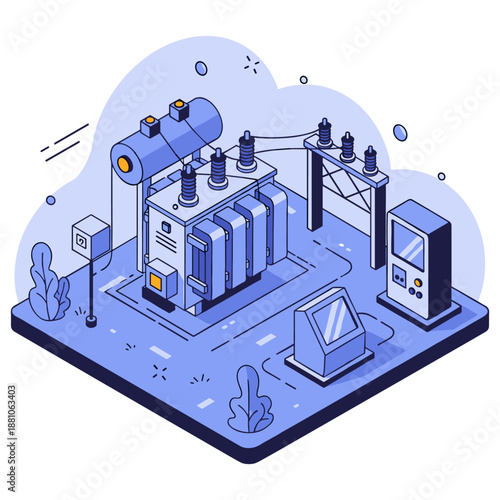Cartoon isometric electrical substation with transformer and control panels. No editable stroke