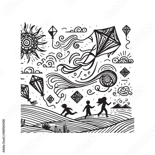 doodle icon set kites desert dunes wind lines and children playing